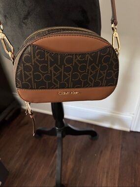 Calvin Klein Brown Monogram Crossbody with Gold Hardware